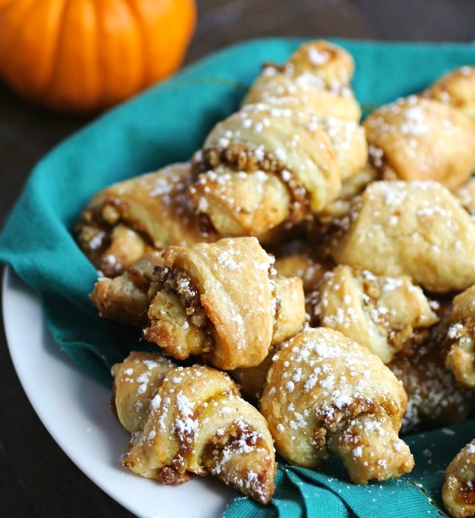 Pumpkin and Walnut Rugelach Cookies are a delight, and are perfect to serve at any celebration. Delicate and rich, you’ll enjoy these traditional treats with a bit of a twist when it comes to the filling.