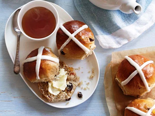 This soft dough is easily shaped, and makes tender, aromatic buns, ready for an icing cross on top.