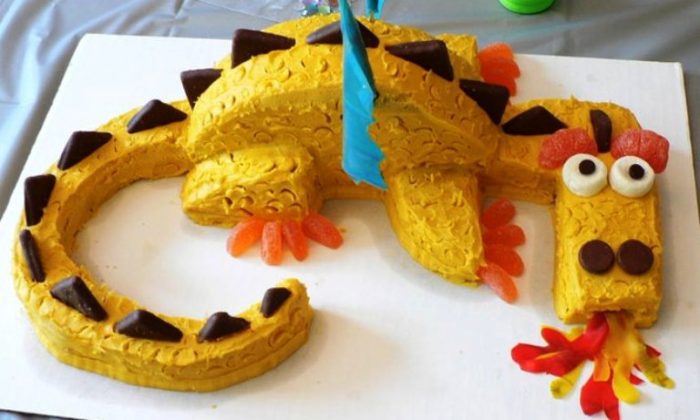 With 2 ordinary 9 inch cakes, frosting, and a few other easy to find candies, you can create a very realistic dragon.