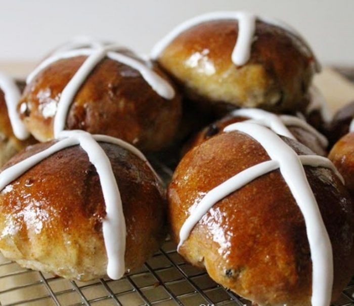 I combined the ingredients from two different recipes and came up with my own method for making these delicious buns. I utilized the sponge method from Jeffrey Hammelman’s Hot Cross Buns, but instead of using dried yeast, I added 1/2 cup sourdough starter.