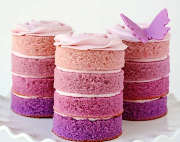 This general ombre (layered color) concept could be done lots of different ways, and with most any color scheme. I’ll lay out the steps I used to make these mini cakes, but feel free to adjust the process for different sized cakes, or according to your ideas and preferences.