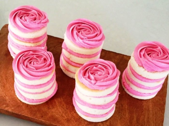 They are beyond darling and the perfect size dessert to serve for Mother’s Day. I used my French Vanilla Cake recipe from My Book: Eat More Dessert but you could use any recipe and icing color you wish!