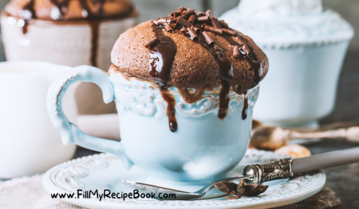 A 2 Minute Chocolate Mug Cake recipe. Tasty and easy, filled with nut chocolate and chocolate chips microwaved and enjoyed as a dessert.