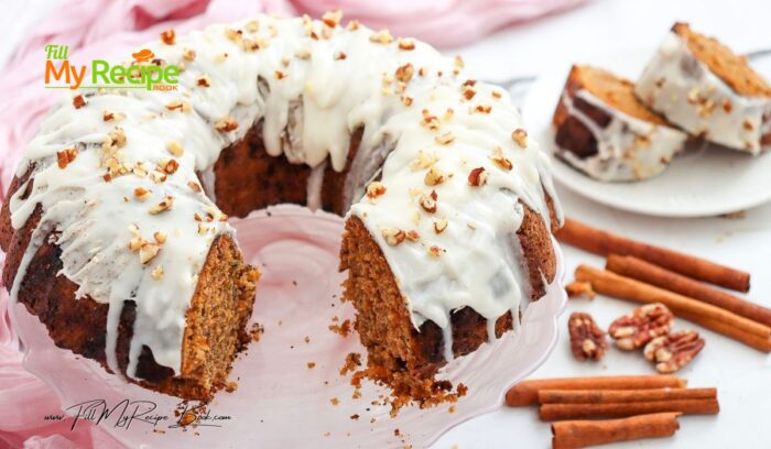 Carrot Bundt Cake with Maple Syrup recipe. A moist Oven bake dessert spiced with cinnamon and nutmeg, with nuts, frosted with cream cheese.