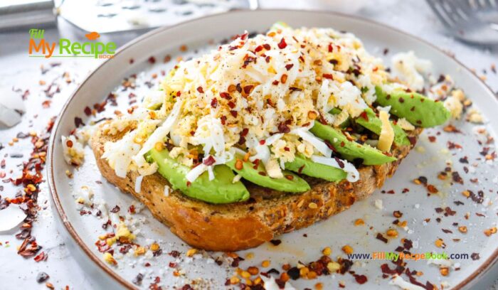 Nutritious avocado grated egg on toast, creamy avocado, and grated boiled egg seasoned with lemon pepper. A quick, healthy breakfast.
