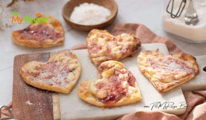 Simple Puff Pastry Cream Cheese Hearts recipe. With strawberry jam shaped into hearts for Valentines for a delicious snack or treat for tea. A blend of sweet and tangy.