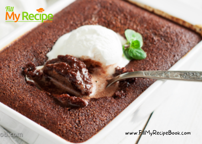 Self Saucing Chocolate Pudding recipe. Easy old fashioned classic oven baked dessert with healthy dark cocoa mixed in same dish then baked.