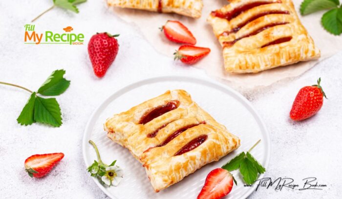 Strawberry Puff Pastry Dessert recipe idea. Quick and easy sweet homemade jam pastry 3 ingredient tart to Oven bake for tea time.
