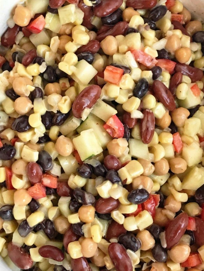 I love this bean salad because it's so simple to make, tastes delicious, and it's different than the usual mayo based potato and pasta salads.