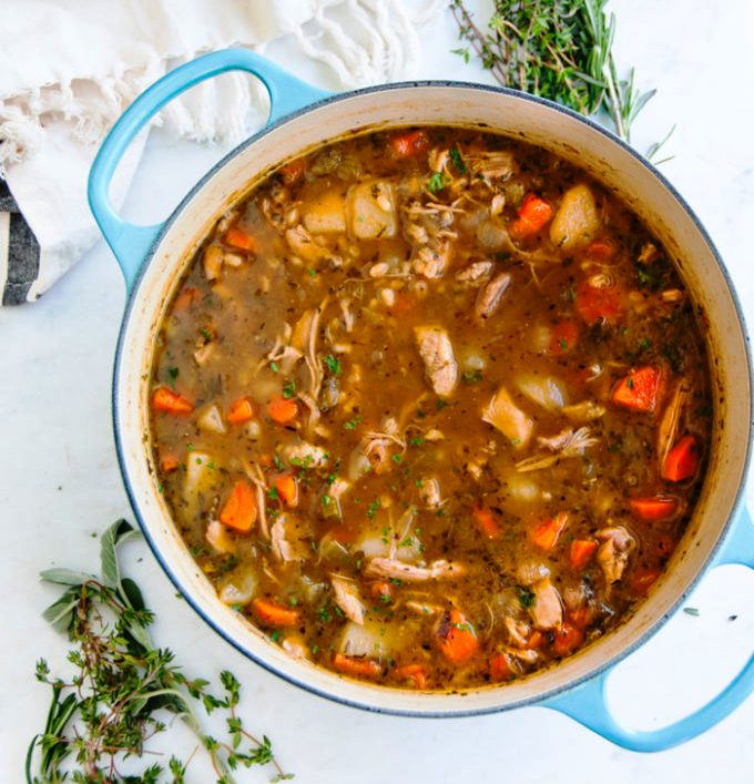 time for some warming, filling, (and healthy!), Chicken and Barley Stew. Made from scratch with plenty of veggies and flavorful herbs to go around, you won't believe how easy this meal is to make
