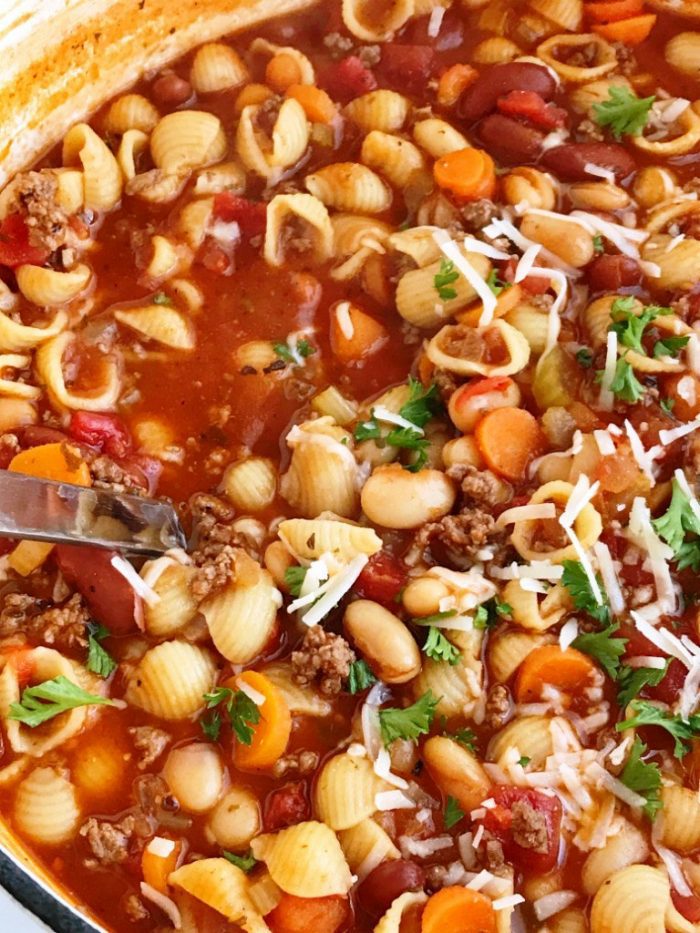 Pasta Fagioli Soup is a classic Italian soup recipe with a 5-star rating! It’s savory broth, hearty beans and beef, tender pasta, pasta sauce, and dried seasonings make this the best for Fall, or anytime!