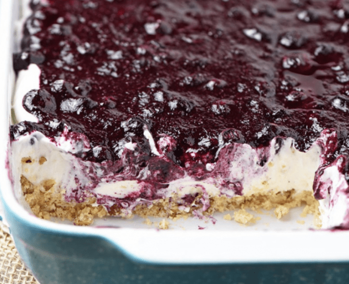 Whip up a dreamy no bake blueberry dessert, aka blueberry yum yum recipe, with cream cheese, Dream Whip, blueberry pie filling, and a pecan crust. Easy recipe!