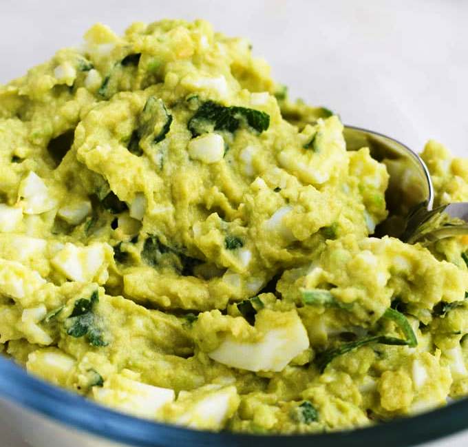 This Avocado Egg Salad is a perfect sandwich filler, toast topping, baked potato filling or can just be enjoyed eaten by the spoonful!