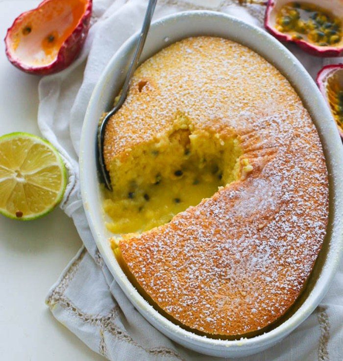 Passion Fruit Pudding Cake offers two treats in one – an airy, soufflé-like cake on top and a creamy pudding-like sauce on the bottom. A luscious treat in one pan!