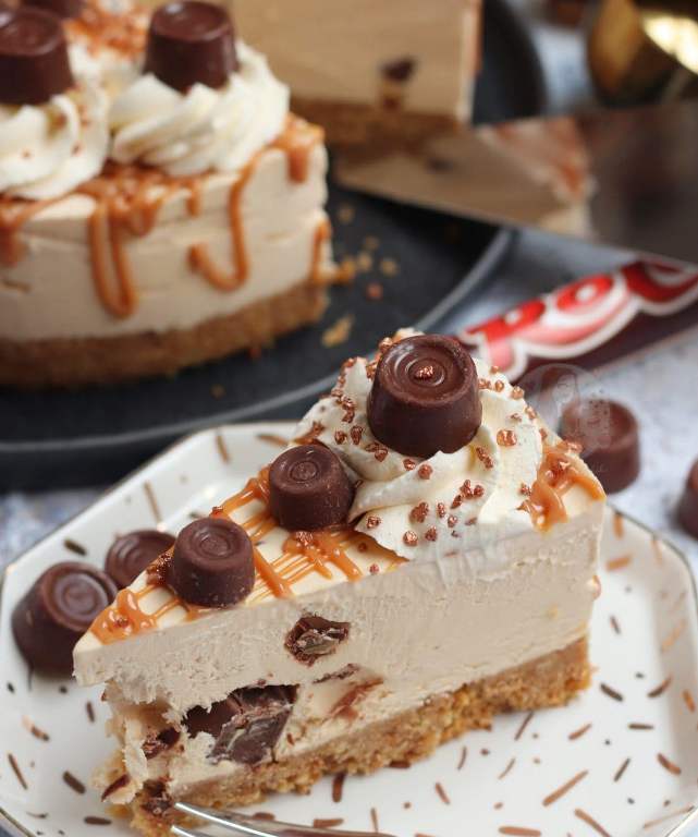 A delicious no-bake caramel Rolo cheesecake, with a buttery biscuit base, caramel & Rolo cheesecake filling, and even more delicious Rolo themed topping!