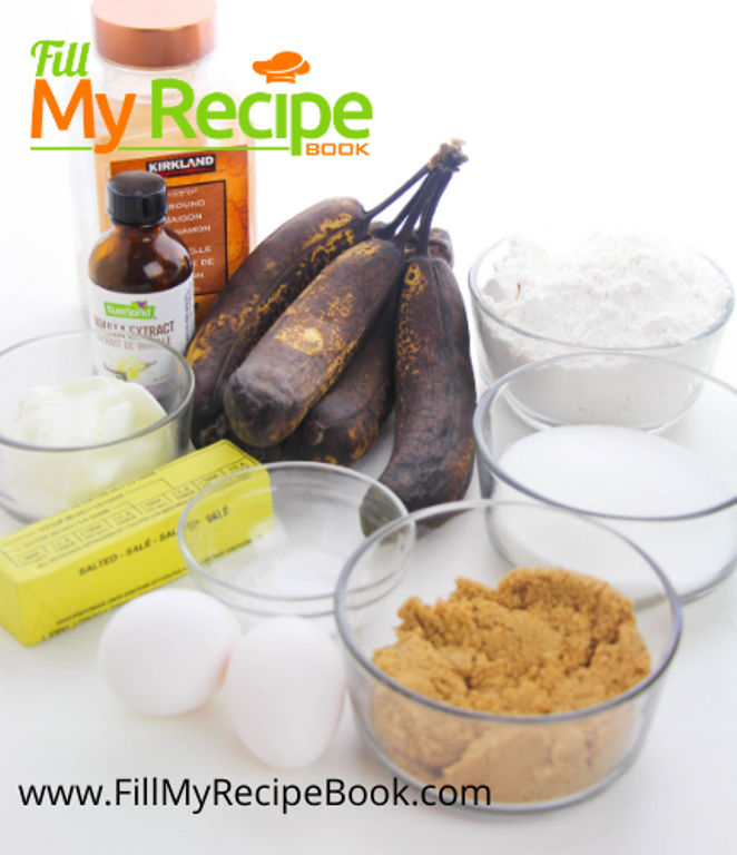 ingredients for a filling banana bread recipe. Healthy Banana Bread Recipe. A healthy moist banana bread uses Greek yogurt and is always a popular tea dessert or snack recipe idea.