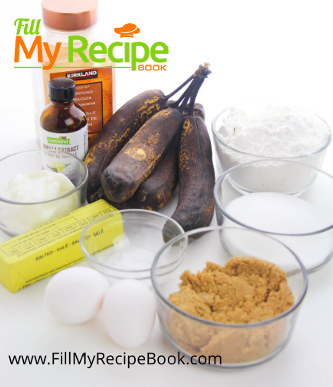 ingredients for a filling banana bread recipe. Healthy Banana Bread Recipe. A healthy moist banana bread uses Greek yogurt and is always a popular tea dessert or snack recipe idea.
