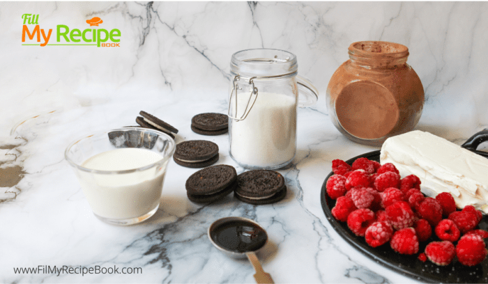 ingredients for chocolate and raspberry cheesecake