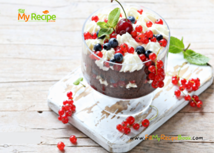 Christmas Cherry Trifle Bowl recipe idea. Easy family fancy dessert, layered sponge cake and cream with blueberries and cherries for pudding.