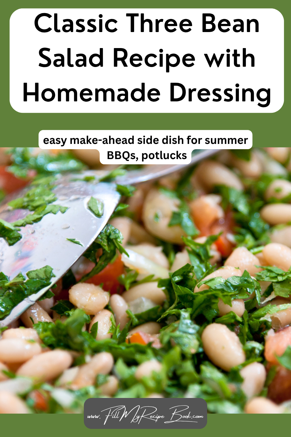 Classic three bean salad with homemade dressing. An easy make-ahead side dish for summer BBQs, potlucks, and family gatherings.