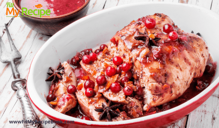 Apple & Cranberry Stuffed Chicken Breast recipe. An easy casserole with grilled chicken breast then baked in the oven for a meal.
