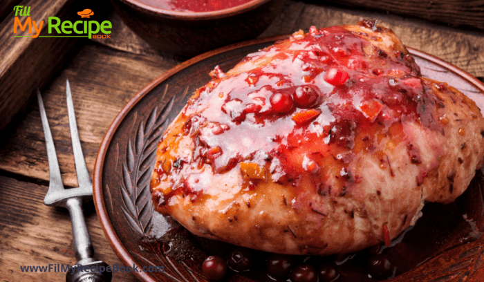 Apple and Cranberry Stuffed Chicken Breast recipe. An easy bake idea with grilled chicken stuffed with honey, mustard and fruit mixture.