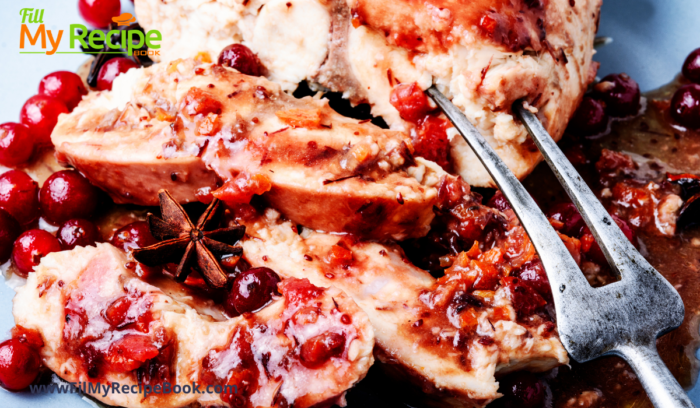 Apple and Cranberry Stuffed Chicken Breast recipe. An easy bake idea with grilled chicken stuffed with honey, mustard and fruit mixture.