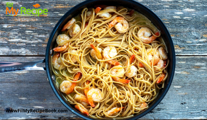 Sautéed Shrimp Scampi with Garlic recipe. Seafood shrimp sauté in butter with white wine and garlic and basil creamy sauce and lemon.