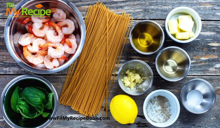 Sautéed Shrimp Scampi with Garlic recipe. Seafood shrimp sauté in butter with white wine and garlic and basil creamy sauce and lemon.