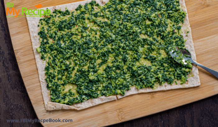 Quick and Easy Pesto Flatbread snack recipe. Healthy and tasty oven baked bread idea for appetizer or meal for a vegetarian or other.