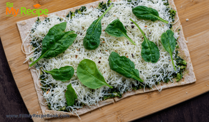 Quick and Easy Pesto Flatbread snack recipe. Healthy and tasty oven baked bread idea for appetizer or meal for a vegetarian or other.