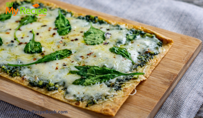 Quick and Easy Pesto Flatbread snack recipe. Healthy and tasty oven baked bread idea for appetizer or meal for a vegetarian or other.