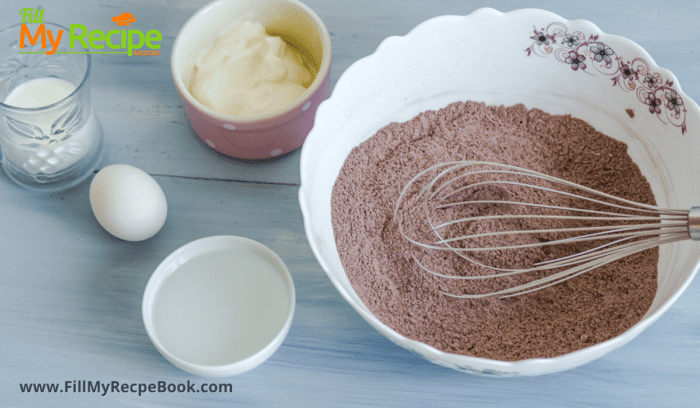 all the dry ingredients for the chocolate tuxedo cake