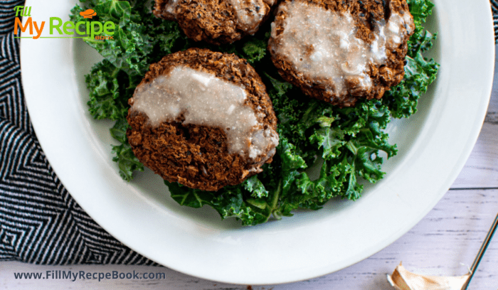 a kale dish with vegan lentil cakes and garlic sauce