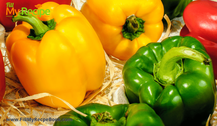 yellow red and green bell peppers, Quick Fajita Veggie Quiche recipe idea. Fajita vegetables of bell peppers and onion makes a versatile easy meatless quiche for vegetarians
