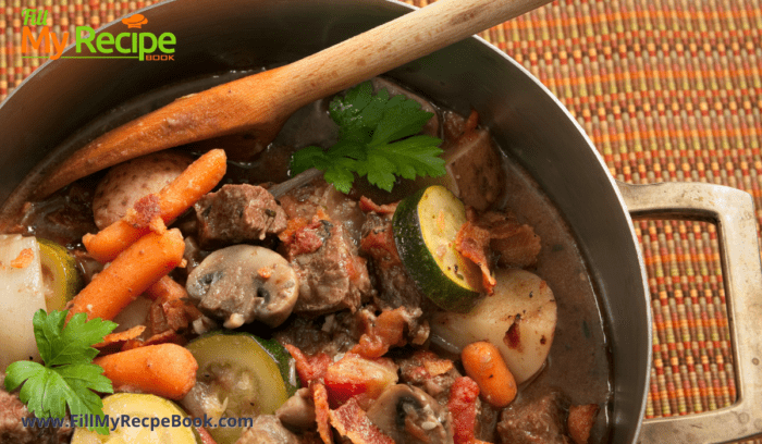 a pot of beef and vegetable stew that is cooked