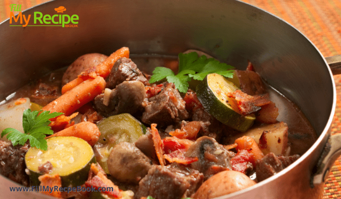 wonderful colorful beef and fresh vegetable stew in a pot ready to dish up