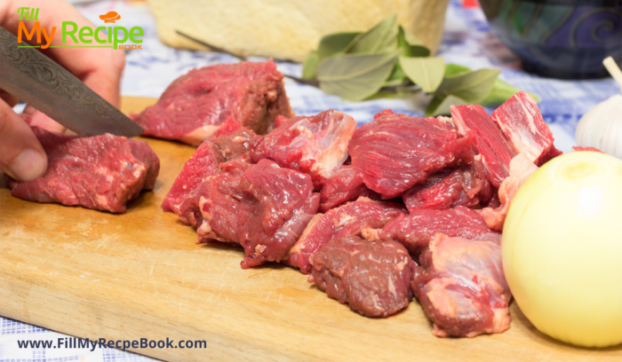 onions and beef cut into pieces for the stew