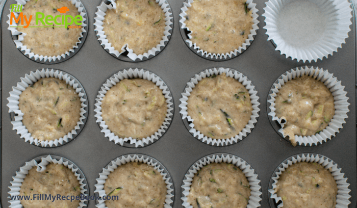 the muffin mix filled up the muffin pan for baking, Lemon Zucchini Muffins Gluten Free recipe. The best healthy muffin with bananas and almond butter, zucchinis for a snack or dessert.