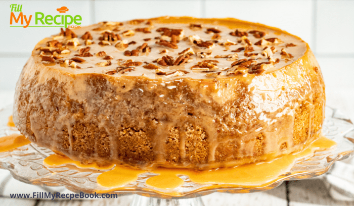 Instant Pot Salted Caramel Apple Cheesecake recipe. Delicious easy recipe for dessert for tea and decorated with pecan nuts for crunch. 