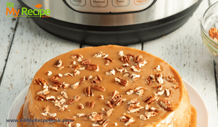 topped with nuts, Instant Pot Salted Caramel Apple Cheesecake recipe. Delicious easy recipe for dessert for tea and decorated with pecan nuts for crunch.