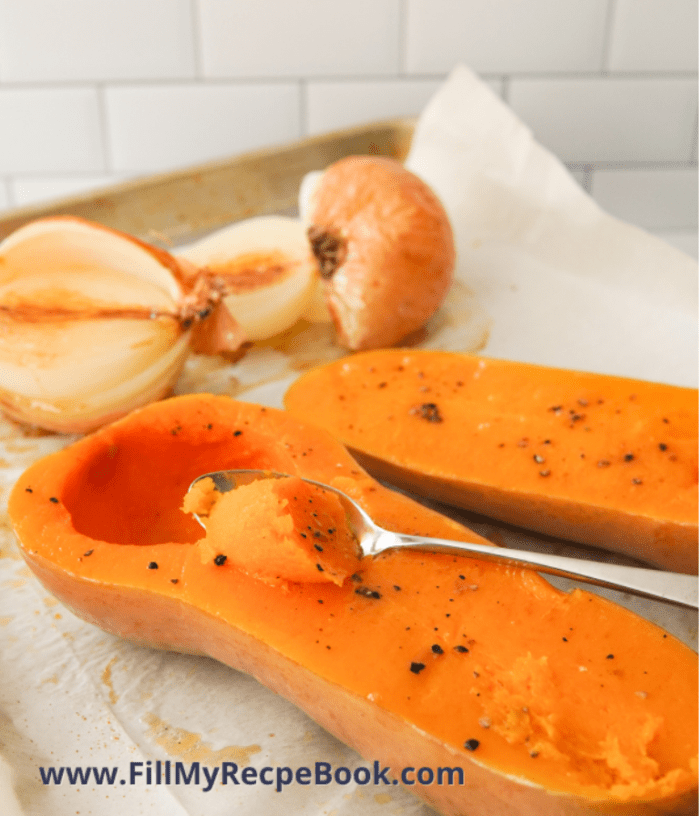 cleaning the butternut and scraping the squash once roasted