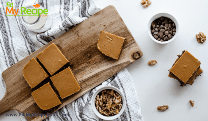 top view of brownies made with nuts and dates and caramel topping served in slices