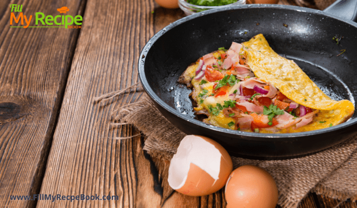 Cheese and Bacon Omelet recipe idea. Easy egg breakfast or brunch meal filled with cheese bacon or ham and bell peppers, onions.