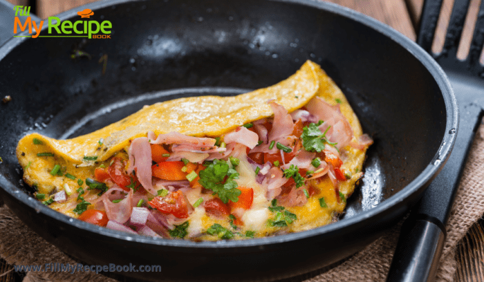 Cheese and Bacon Omelet recipe idea. Easy egg breakfast or brunch meal filled with cheese bacon or ham and bell peppers, onions.