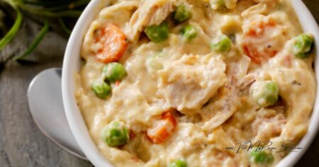 Warm up with this comforting Chicken A La King and Rice. Creamy, flavorful, and easy to make with shredded (or leftover) chicken, mushrooms, veggies, and tender rice.