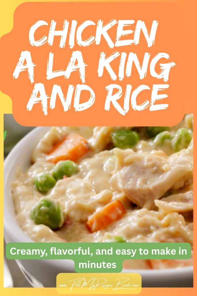 Warm up with this comforting Chicken A La King and Rice. Creamy, flavorful, and easy to make with shredded (or leftover) chicken, mushrooms, veggies, and tender rice.