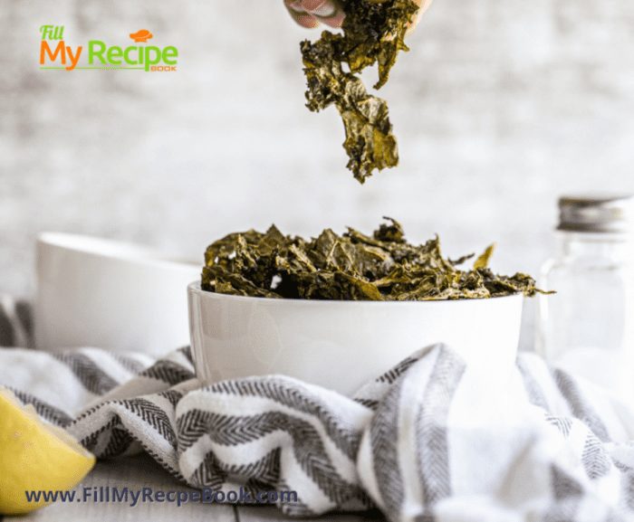 Healthy Garlic salted Kale Chips. Fresh Kale and some natural ingredients to bake the chips that are tasty and a fresh and healthy choice.