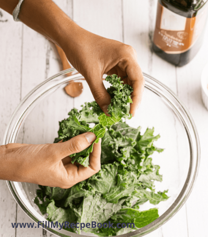 sorting freshly picked kale in a bowl to make chips