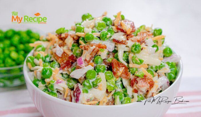 Create a Easy Pea Salad with Bacon recipe, featuring cheese and dressed with mayonnaise, perfect as a refreshing cold green summer salad.